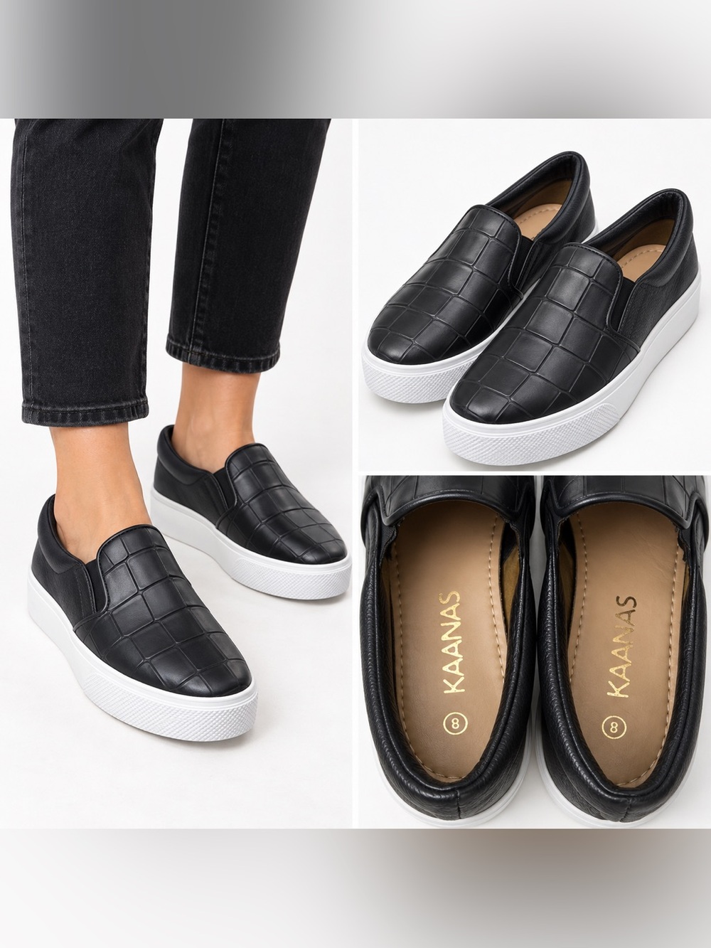 KAANAS Black Croc Embossed Leather Slip On Platform Sneakers Size 8